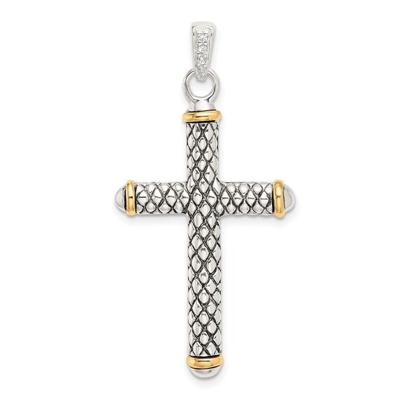 Kazi Luxury Sterling Silver w/14k White Topaz On Bail Antiqued Cross Pendant